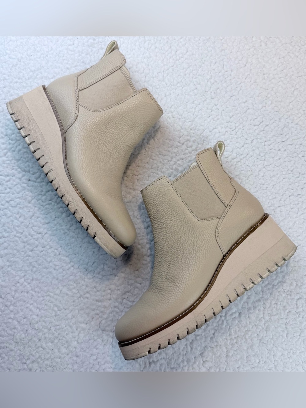 COLE HAAN • Zerogrand Beige/Cream Pebble Leather Chelsea Wedge Ankle Booties, 7 - Picture 12 of 16
